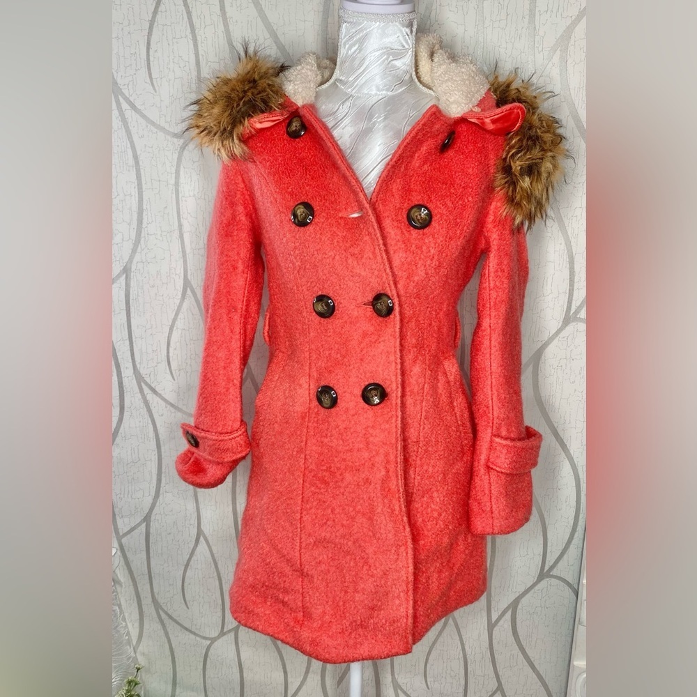 🌷 Toucino 🌷 Coral Orange Wool Fur Trim Hooded Dress Coat
